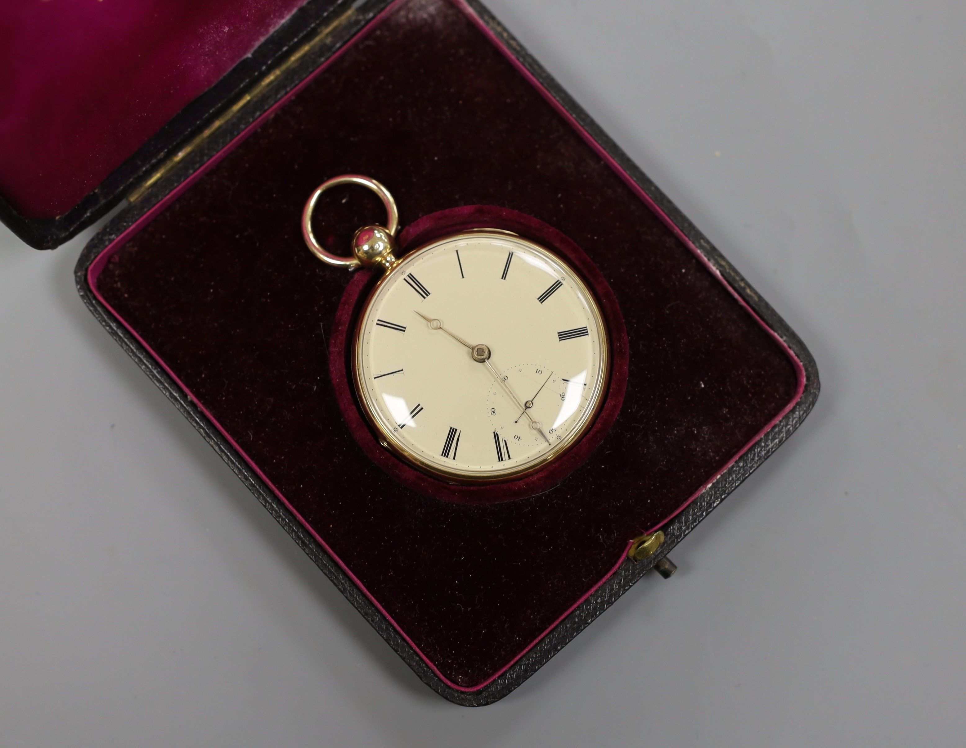 An 18ct gold open faced keywind pocket watch, by K.H. Jones, Liverpool, with Roman dial and subsidiary seconds, case diameter 46mm